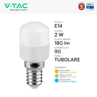 V-Tac VT-202 Lampadina LED E14 2W Tubolare ST26 SMD Chip CREE