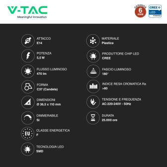 V-Tac VT-293D Lampadina LED E14 5,5W Candela C37 SMD Chip CREE
