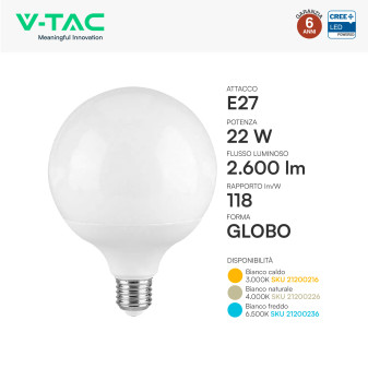 V-Tac VT-242 Lampadina LED E27 22W Globo G120 SMD Chip CREE
