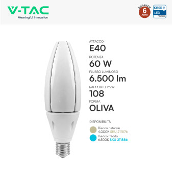 V-Tac VT-260 Lampadina LED E40 60W Oliva SMD Chip CREE