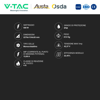 Pannelli Fotovoltaici 580W TIER 1 TOPCon IP68 V-Tac Austa Osda