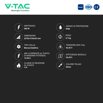 Pannelli Solari Fotovoltaici 580W TIER 1 TOPCon IP68 V-Tac Jinko