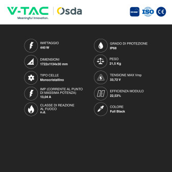 Pannelli Fotovoltaici 440W TIER 1 TOPCon IP68 Full Black V-Tac Osda