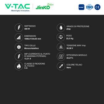 Pannelli Fotovoltaici 480W TIER 1 TOPCon IP68 V-Tac Jinko