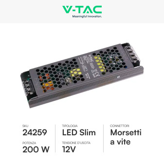 V-Tac VT-13200-S Alimentatore Led Slim 200W 12V 16,5A Per Uso Interno