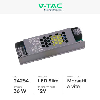 V-Tac VT-13036-S Alimentatore Led Slim 36W 12V 3A Per Uso Interno