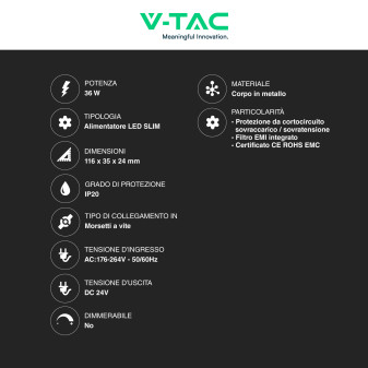 V-Tac VT-24035-S Alimentatore Led Slim 36W 24V 1,5A Per Uso Interno