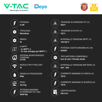 V-Tac Deye Inverter Monofase Ibrido On-Grid / Off-Grid 5kW IP65