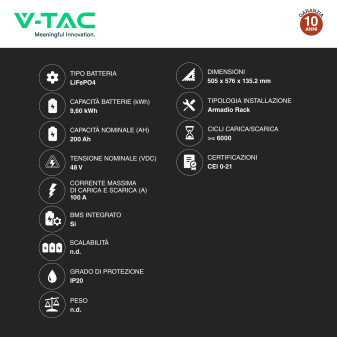 V-Tac Batteria BMS LiFePO4 48V 200Ah 9,6kWh Garanzia 10 Anni