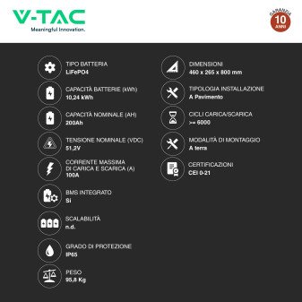 V-Tac VT-12715 Batteria BMS LiFePO4 51,2V 200Ah 10,24 kWh