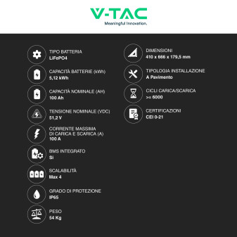 VT-48100 Batteria LiFePO4 5.12KWh IP65 Fotovoltaico V-Tac