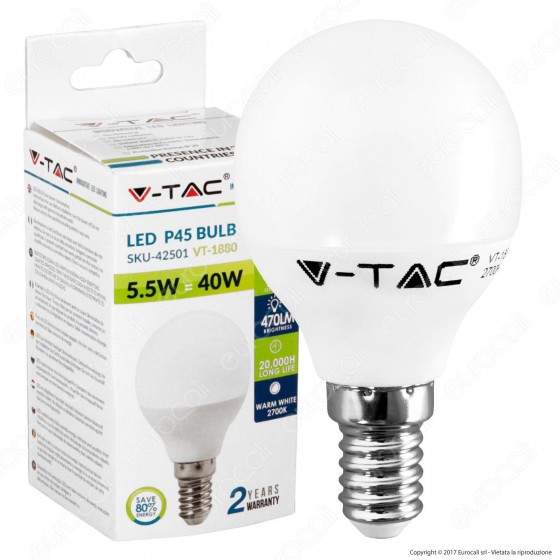 V-Tac VT-1880 Lampadina LED E14 5,5W MiniGlobo P45 - SKU 42501 / 42521 V-Tac VT-1880 Lampadina LED E14 5,5W MiniGlobo P45 - SKU 42501 / 42521