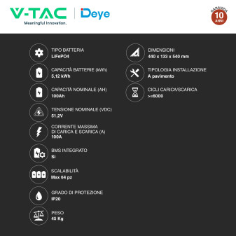 V-Tac Deye Batteria BMS LiFePO4 51,2V 100Ah 5,12kWh