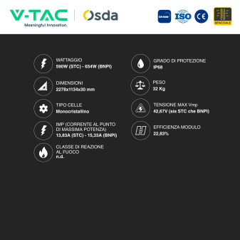 V-Tac Pannelli Fotovoltaici 590W STC 654W BNPI TopCon IP68