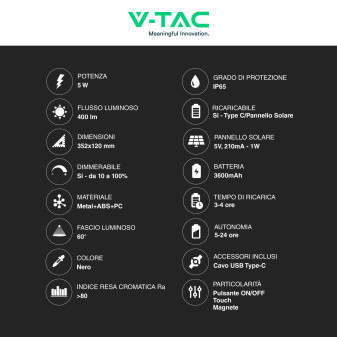 V-Tac VT-10116-W Lampada LED da Tavolo 5W 3in1 Ricaricabile