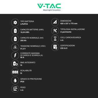 V-Tac Batteria BMS LiFePO4 51,2V 200Ah 10,24kWh