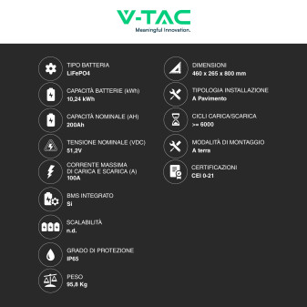 V-Tac VT-12040-1 Batteria BMS LiFePO4 51,2V 200Ah 10,24 kWh IP65