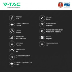 V-Tac VT-61012CCT Mini Pannello LED SMD Rotondo 12W Chip CREE CCT