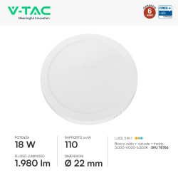 V-Tac VT-61018CCT Mini Pannello LED SMD Rotondo 18W Chip CREE CCT