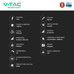 V-Tac VT-61018CCT Mini Pannello LED SMD Rotondo 18W Chip CREE CCT