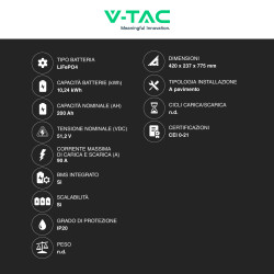 V-Tac Batteria BMS LiFePO4 51,2V 200Ah 10,24kWh Colore Nero