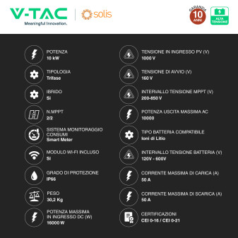 V-Tac Inverter Trifase Ibrido 10kW CEI 0-21 e 0-16