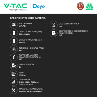 V-Tac Deye Armadio Rack 5 Accumulatori BMS LiFePO4 261 kWh + Inverter
