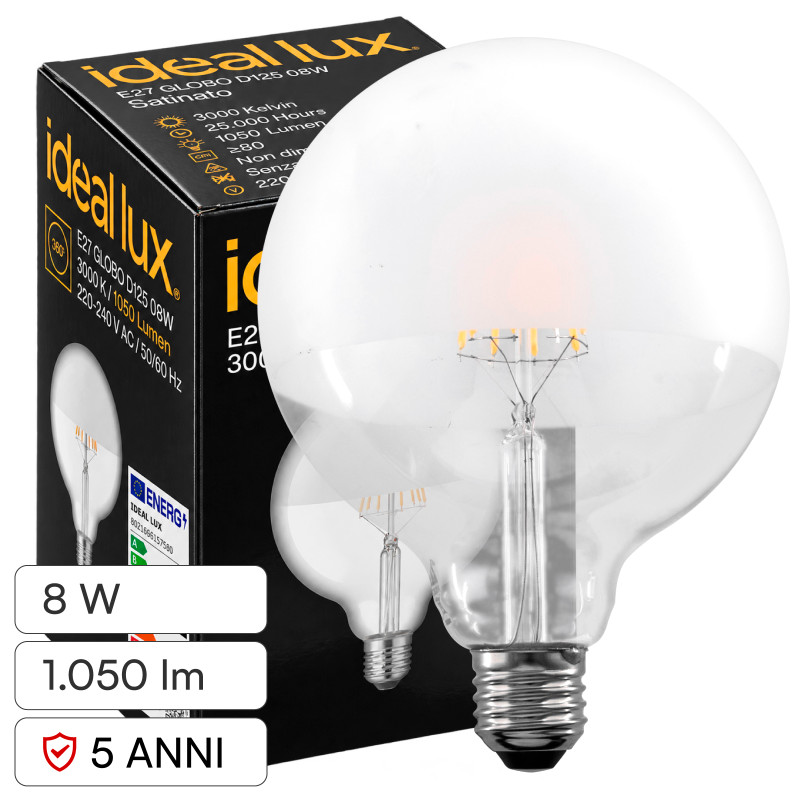 Ideal Lux Lampadina LED E27 8W in Vetro con Calotta Satinata