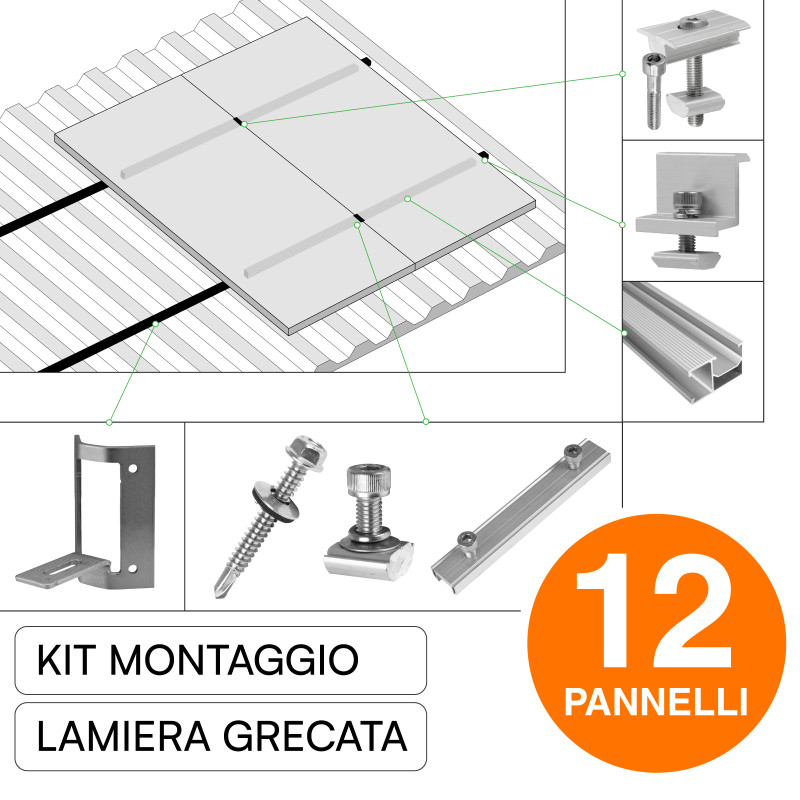 Kit Struttura per Montaggio 12 Pannelli Solari su Lamiera Grecata
