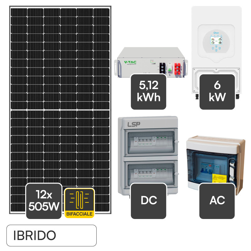 Set 12 Pannelli Solari 505W + Inverter 6kW + Batteria V-Tac
