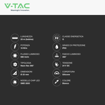 V-Tac VT-565 Neon Flex LED 16W/m SMD Monocolore 24V da 20 metri