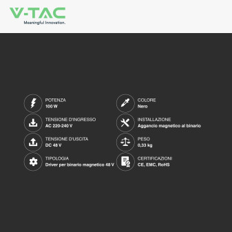V-Tac Alimentatore Magnetico per Track Lights 100W 48V Per Uso Interno