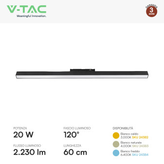 V-Tac VT-41027 Track Light Lineare LED Magnetica da Binario 20W 48V
