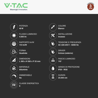 V-Tac VT-61043 10 Pannelli LED Quadrati 60x60 20W SMD a Incasso