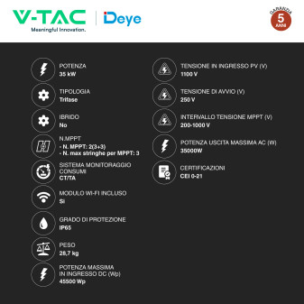 V-Tac Deye Inverter Trifase On-Grid 35kW IP65 CEI 0-21