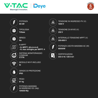 V-Tac Deye Inverter Trifase On-Grid 80kW IP65 CEI 0-21