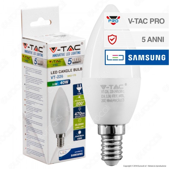 V-Tac PRO VT-226 Lampadina LED E14 5,5W Candela Chip Samsung - SKU 171 / 173 V-Tac PRO VT-226 Lampadina LED E14 5,5W Candela Chip Samsung - SKU 171 / 173