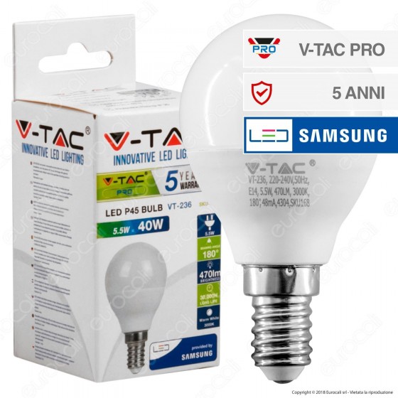 V-Tac PRO VT-236 Lampadina LED E14 5,5W MiniGlobo P45 Chip Samsung - SKU 168 / 169 / 170 V-Tac PRO VT-236 Lampadina LED E14 5,5W MiniGlobo P45 Chip Samsung - SKU 168 / 169 / 170
