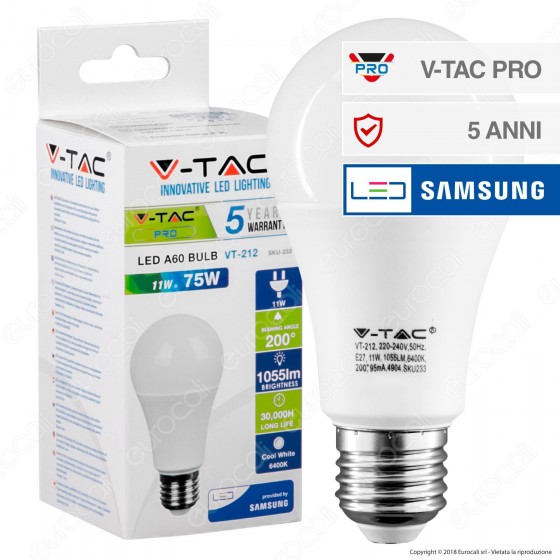 V-Tac PRO VT-212 Lampadina LED E27 11W Bulb A60 Chip Samsung - SKU 233 V-Tac PRO VT-212 Lampadina LED E27 11W Bulb A60 Chip Samsung - SKU 233