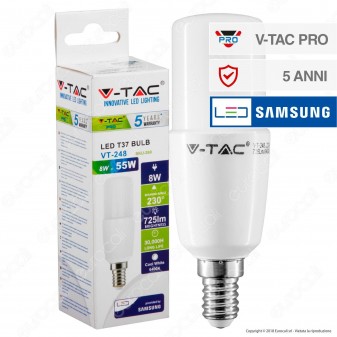 V-Tac PRO VT-248 Lampadina LED E14 8W Tubolare T37 Chip Samsung - SKU 268 / 269