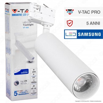 V-Tac PRO VT-420 Track Light LED COB 20W Colore Bianco Chip Samsung - SKU 362 / 363 / 364