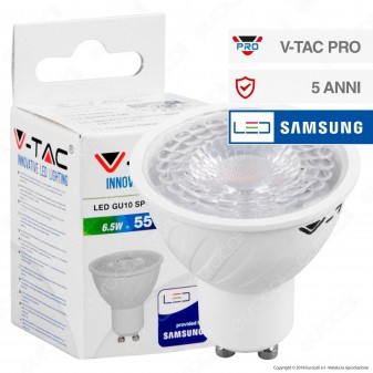 V-Tac PRO VT-227D Lampadina LED GU10 6,5W Faretto Spotlight Chip Samsung Dimmerabile - SKU 192 / 193 / 194