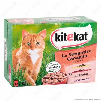 Kitekat La Simpatica Canaglia Cibo per Gatti con Pollo, Manzo, Anatra e Salmone - 12 Bustine da 100g