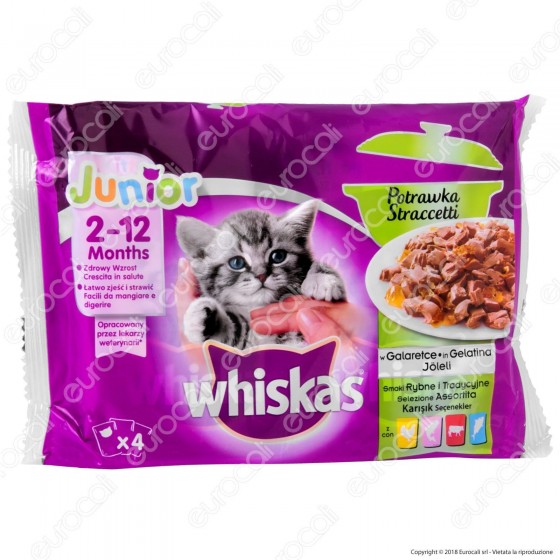 Whiskas Junior Cibo per Gatti Straccetti di Pollo, Salmone, Manzo e Tonno - 4 Bustine da 85g Whiskas Junior Cibo per Gatti Straccetti di Pollo, Salmone, Manzo e Tonno - 4 Bustine da 85g