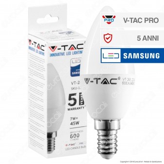 V-Tac PRO VT-268 Lampadina LED E14 7W Candela Chip Samsung - SKU 111 / 112 / 113