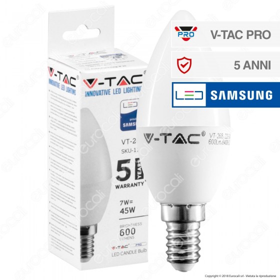 V-Tac PRO VT-268 Lampadina LED E14 7W Candela Chip Samsung - SKU 111 / 112 / 113 V-Tac PRO VT-268 Lampadina LED E14 7W Candela Chip Samsung - SKU 111 / 112 / 113