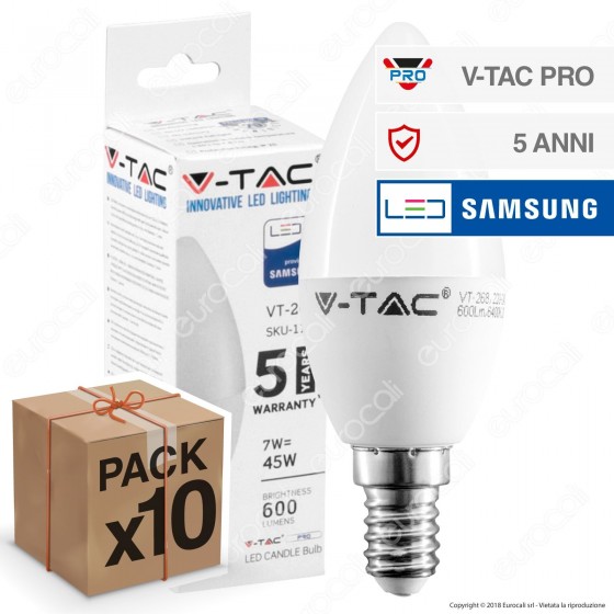 10 Lampadine LED V-Tac PRO VT-268 E14 7W Candela Chip Samsung - Pack Risparmio 10 Lampadine LED V-Tac PRO VT-268 E14 7W Candela Chip Samsung - Pack Risparmio