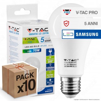 10 Lampadine LED V-Tac PRO VT-212 E27 11W Bulb A60 Chip Samsung - Pack Risparmio
