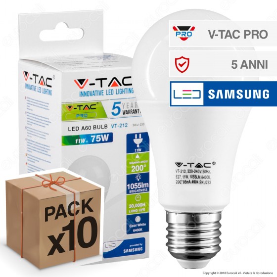 10 Lampadine LED V-Tac PRO VT-212 E27 11W Bulb A60 Chip Samsung - Pack Risparmio 10 Lampadine LED V-Tac PRO VT-212 E27 11W Bulb A60 Chip Samsung - Pack Risparmio