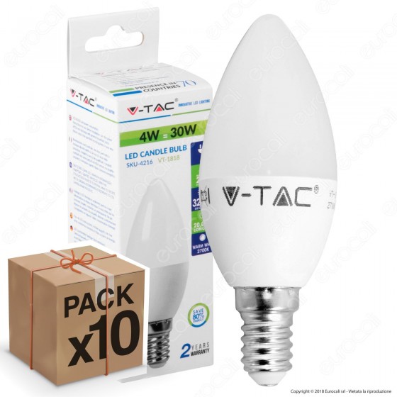 10 Lampadine LED V-Tac VT-1818 E14 4W Candela - Pack Risparmio 10 Lampadine LED V-Tac VT-1818 E14 4W Candela - Pack Risparmio